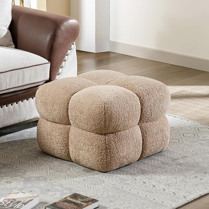 ONEVOG 21" Light Brown Funky Ottoman, Square Fuzzy Couch Sherpa Pouf Ottoman, Tufted Fluffy Boucl... | Amazon (US)