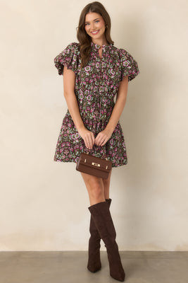 In the Garden Brown & Pink Multi Floral Cotton Mini Dress L / Brown | Red Dress