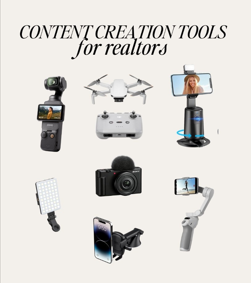 content creator tools realtors use to film listing videos, car chats, and everyday real estate content: the DJI Osmo Pocket 3 vlogging camera, the Sony ZV-1 creator camera, the DJI Mini 2 SE drone for real estate photography, the auto-tracking phone tripod for hands-free filming, the DJI Osmo Mobile 6 gimbal stabilizer for smooth walkthrough videos, the clip-on rechargeable phone light for iPhone, and the car dashboard phone mount for filming in the car. All beginner-friendly, work with iPhone, and ideal for TikTok, Reels, YouTube, and showing property tours. #realtor #contentcreator

#LTKdayinmylife #LTKGiftGuide
