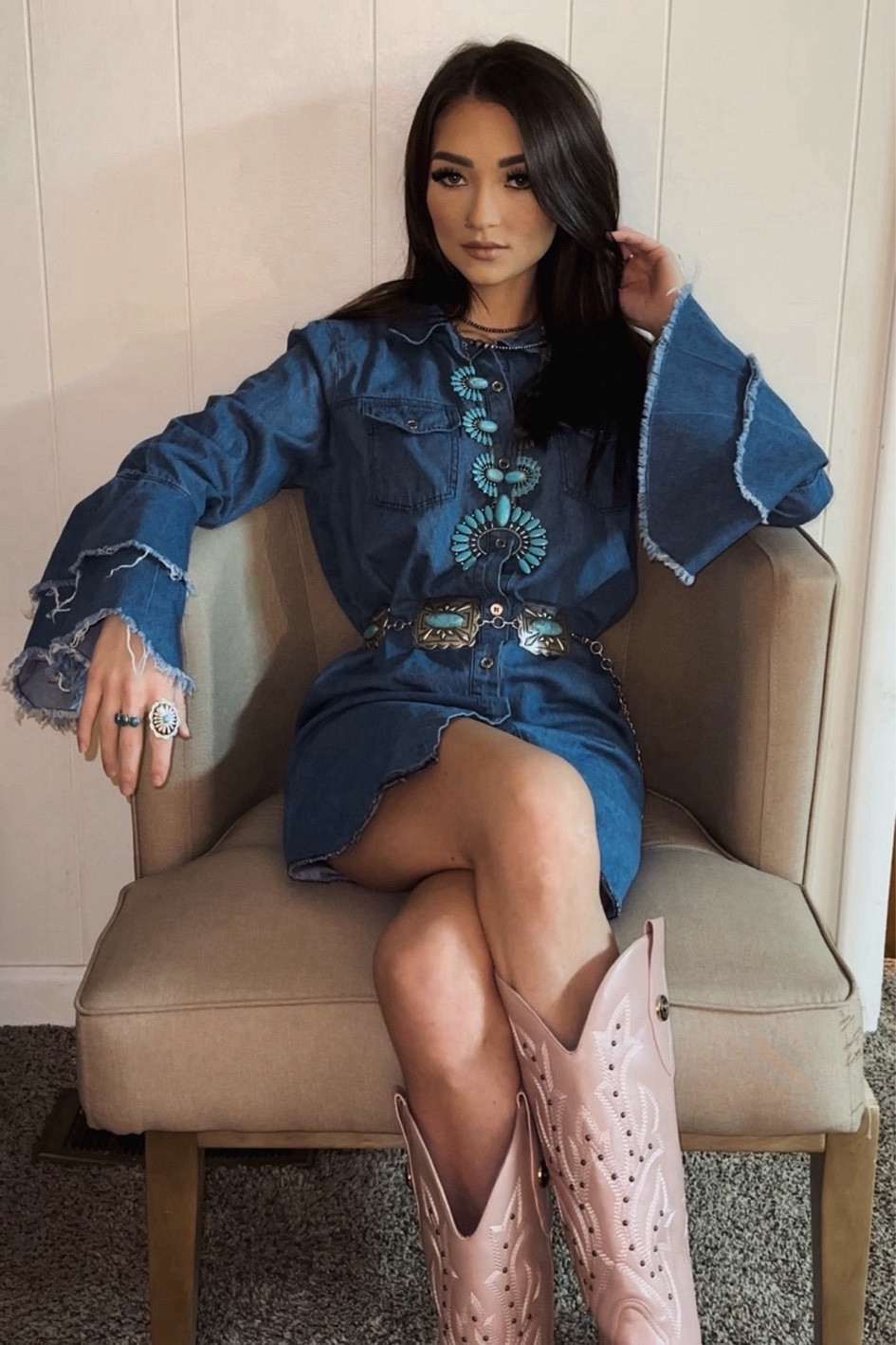 Denim dress, western fashion, cowgirl boots, turquoise jewelry 

#LTKfindsunder100 #LTKbeauty #LTKstyletip
