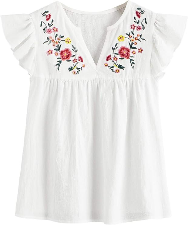 Floerns Women's Boho Embroidered Mexican Peasant Shirts Babydoll Tops Blouses | Amazon (US)