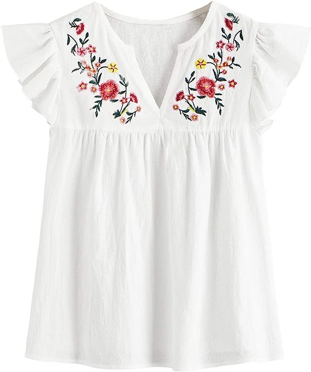 Floerns Women's Boho Embroidered Mexican Peasant Shirts Babydoll Tops Blouses | Amazon (US)