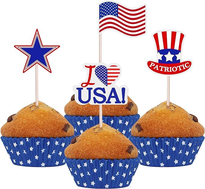 40 Pieces Independence Day Cupcake Toppers 4th of July Cake Toppers USA Patriotic American Flag D... | Amazon (US)
