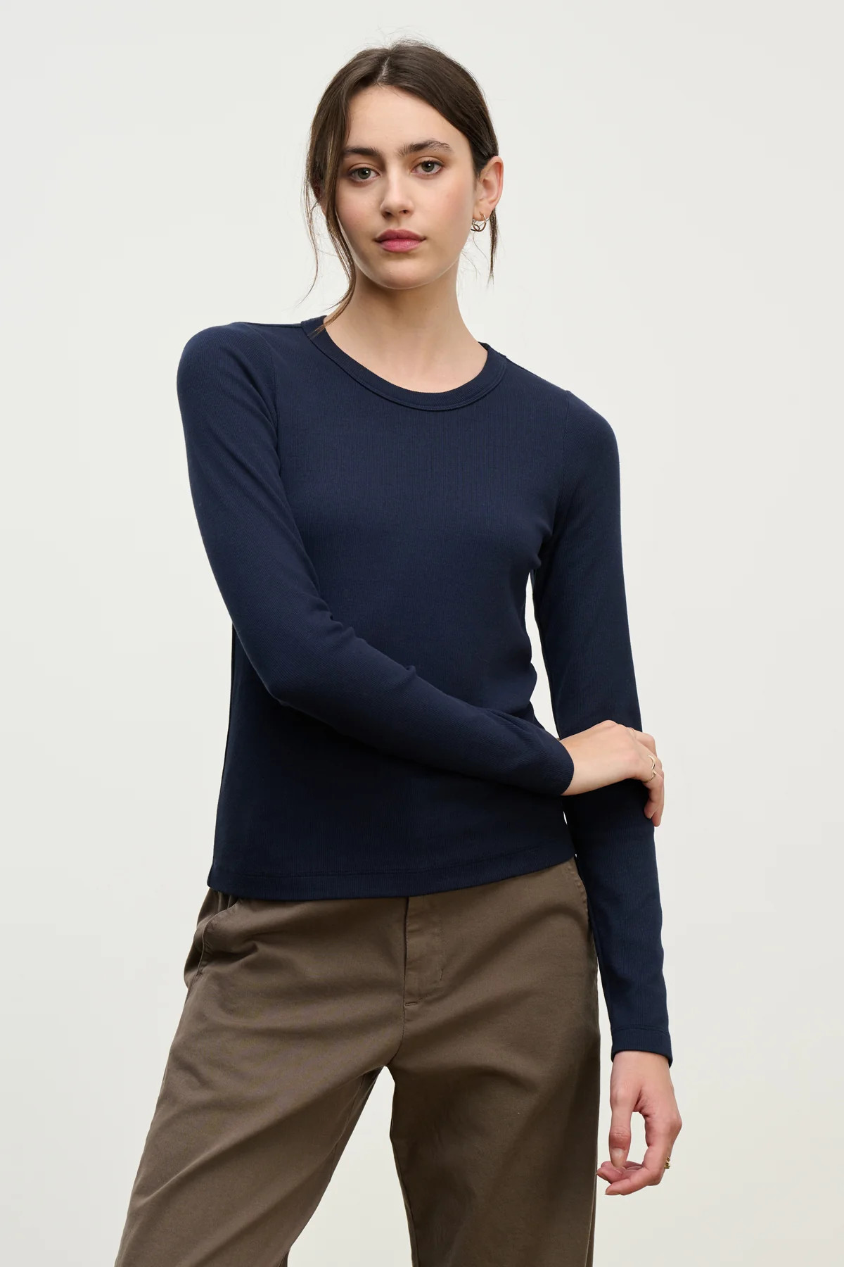 LOTTA RIB POPLIN MIX LONG SLEEVE CREW NECK TEE | Velvet by Graham & Spencer