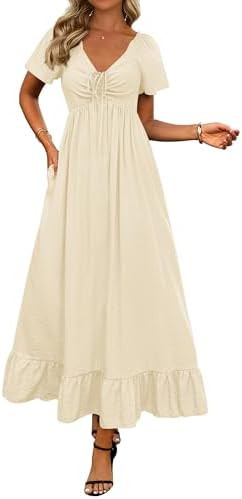 BTFBM Womens Spring Dresses 2026 Casual Short Sleeve V Neck Drawstring Wedding Guest Maxi Dresses... | Amazon (US)