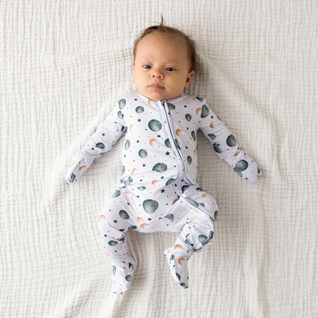 Space White Long Sleeve Roux Footie Zippered One Piece | Posh Peanut\u00ae | Posh Peanut