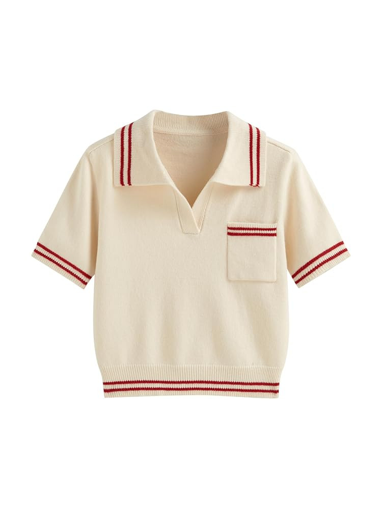 CIDER Short Sleeve Sweater Knit Top Collar Neck Stripe Pullover Casual Elegant Women’s Collared... | Amazon (US)