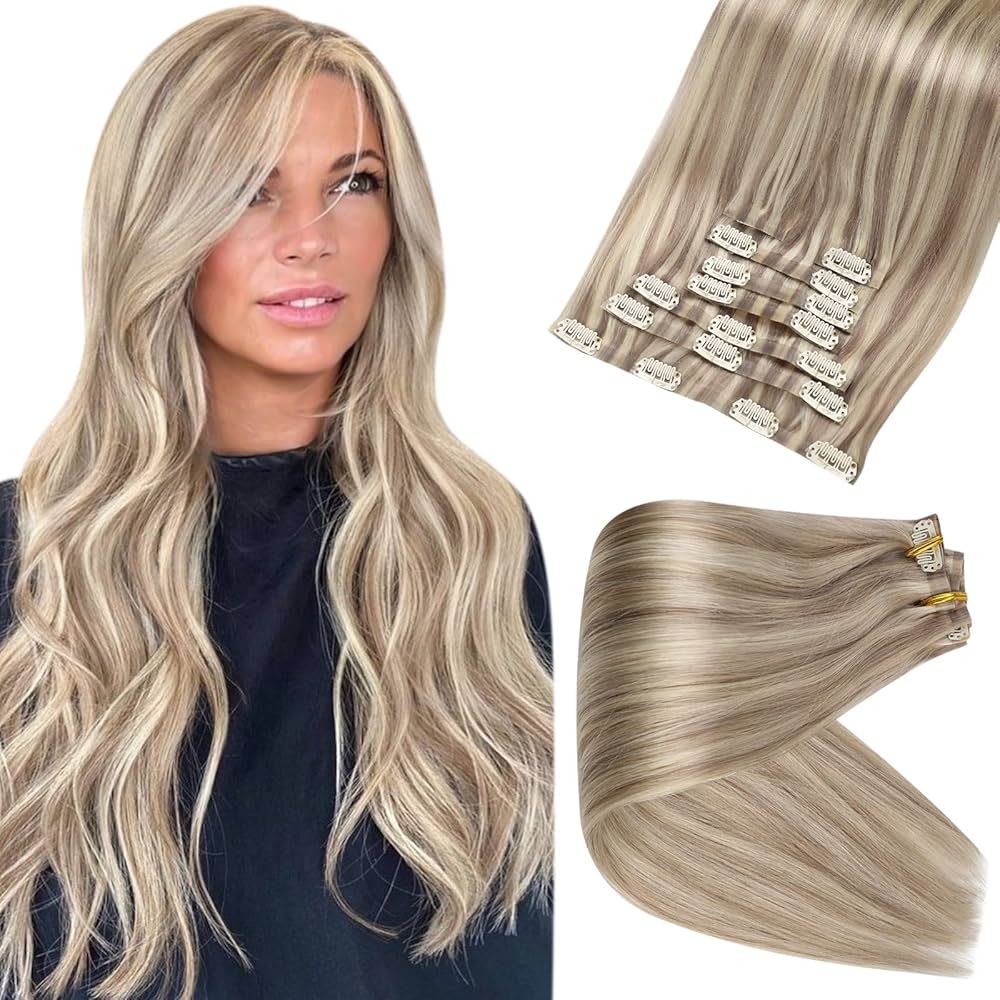 Full Shine Hair Extensions Real Human Hair Clip ins Blonde Highlight Seamless Clip in Human Hair ... | Amazon (US)