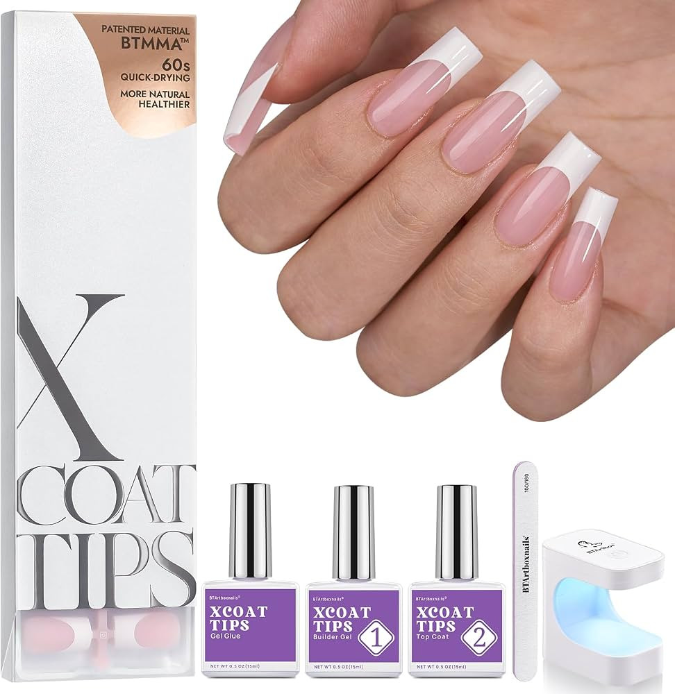BTArtboxnails XCOATTIPS French Tip Nails - Long Square Nail Tips with Nail Gel, French Protecing ... | Amazon (US)