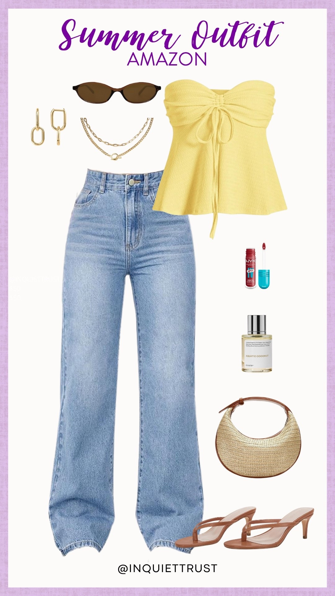 Hop on the cutest trend by wearing this summer outfit that looks like out of your Pinterest board! Grab this butter yellow tube top, wide-leg denim jeans, and brown kitten heels, and you're all set for the day!
#brunchoutfit #summeraccessories #affordablefashion #amazonfinds

#LTKStyleTip #LTKU #LTKSeasonal