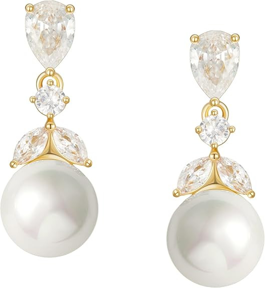SWEETV Cubic Zirconia Pearl Drop Wedding Earrings for Brides, Ivory Bridal Pearl Earrings for Bri... | Amazon (US)