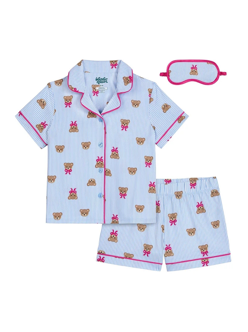 Wonder Nation Girls Short Sleeve Button Front Pajama Top and Shorts Set with Eyemask, 3-Piece, Si... | Walmart (US)