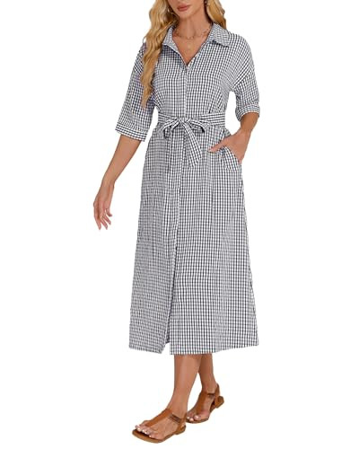 Women's Half Sleeve Plaid Maxi Dress 2026 Spring Summer Gingham Casual Button Down Long Loose Bel... | Amazon (US)