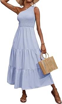 Amazon.com: BTFBM Women One Shoulder Sleeveless Casual Summer Dresses Smocked High Waist Floral P... | Amazon (US)