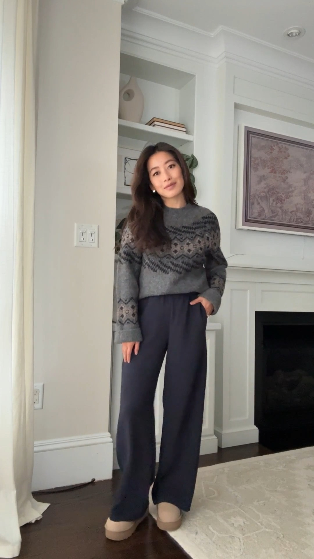 Cozy fall outfit - this sweater is thick, plush and comes in tons of patterns 

• Aritzia Fair Isle sweater 2XS, warm weight knit with an oversized relaxed fit, full length that is hip length on me

• Aritzia lodge trousers 2XS short, drapey fluid fabric , stretch waist, wrinkle resistant,  short length for petites 

• UGG classic mini platform kids boots sz 4 big kids = women’s 6 a little loose on me

Comfy Thanksgiving holiday outfit, petite friendly, fall outfit

#LTKPetite #LTKHoliday #LTKSeasonal