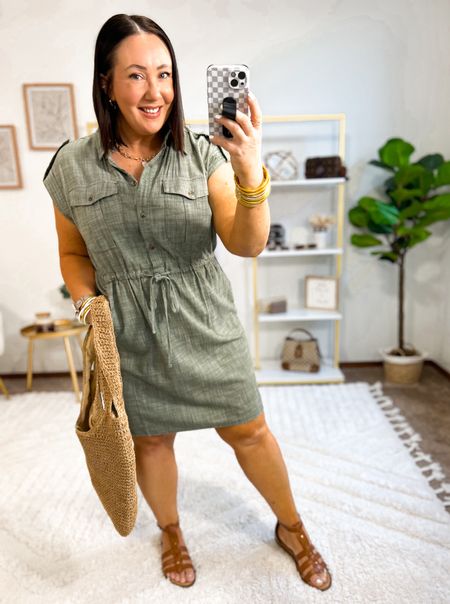 New utility shirt dress from Walmart!  XL in mine. XL tummy control shorts. Sandals run tts. Love this muted green color!  So cute for spring and summer! Sandals fit tts  

#LTKfindsunder50 #LTKmidsize #LTKSeasonal