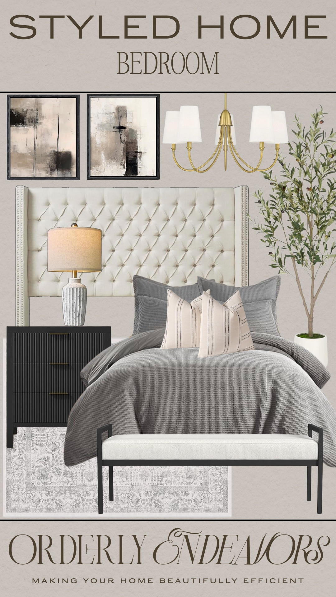 Styled bedroom includes headboard, side table, table lamp, comforter, throw pillows, bench, faux tree, wall art, and chandelier.

Home decor, bedroom decor, neutral decor, home accents

#LTKFindsUnder100 #LTKStyleTip #LTKHome