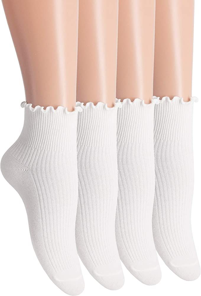 Women Ankle Socks Ruffle Turn-Cuff,Lovely double needle solid color edge relent Girl socks | Amazon (US)
