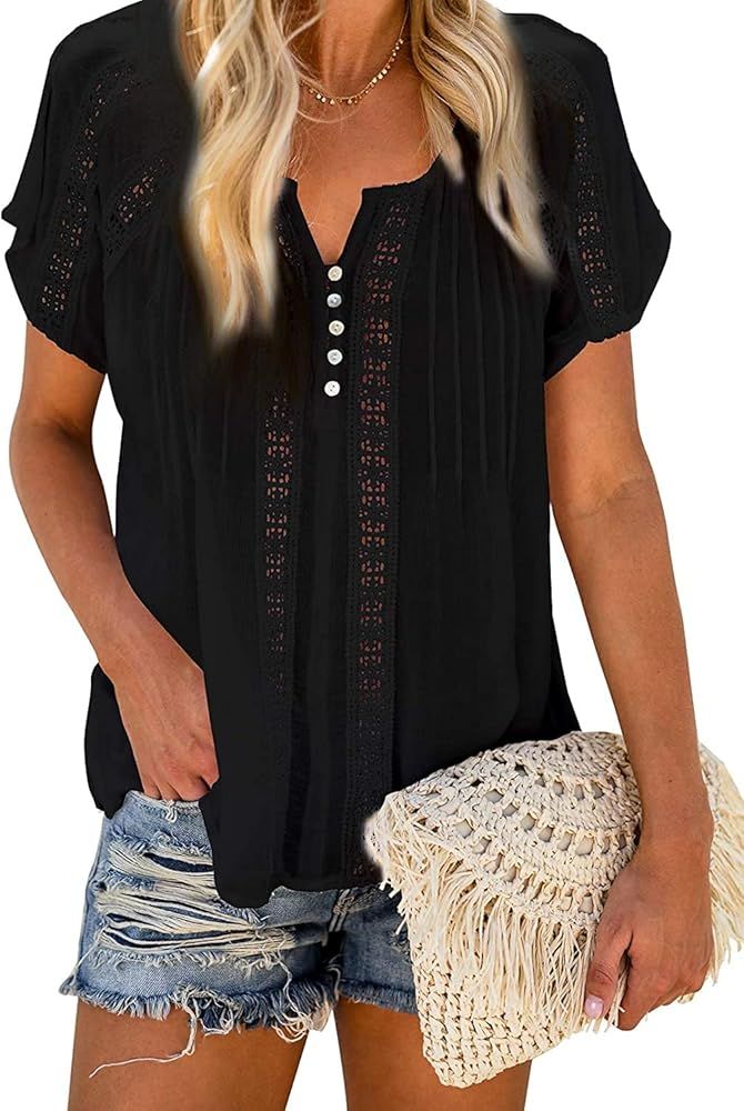 Cisisily Women's V Neck Lace Crochet Tops Casual T Shirts Blouses Tops | Amazon (US)