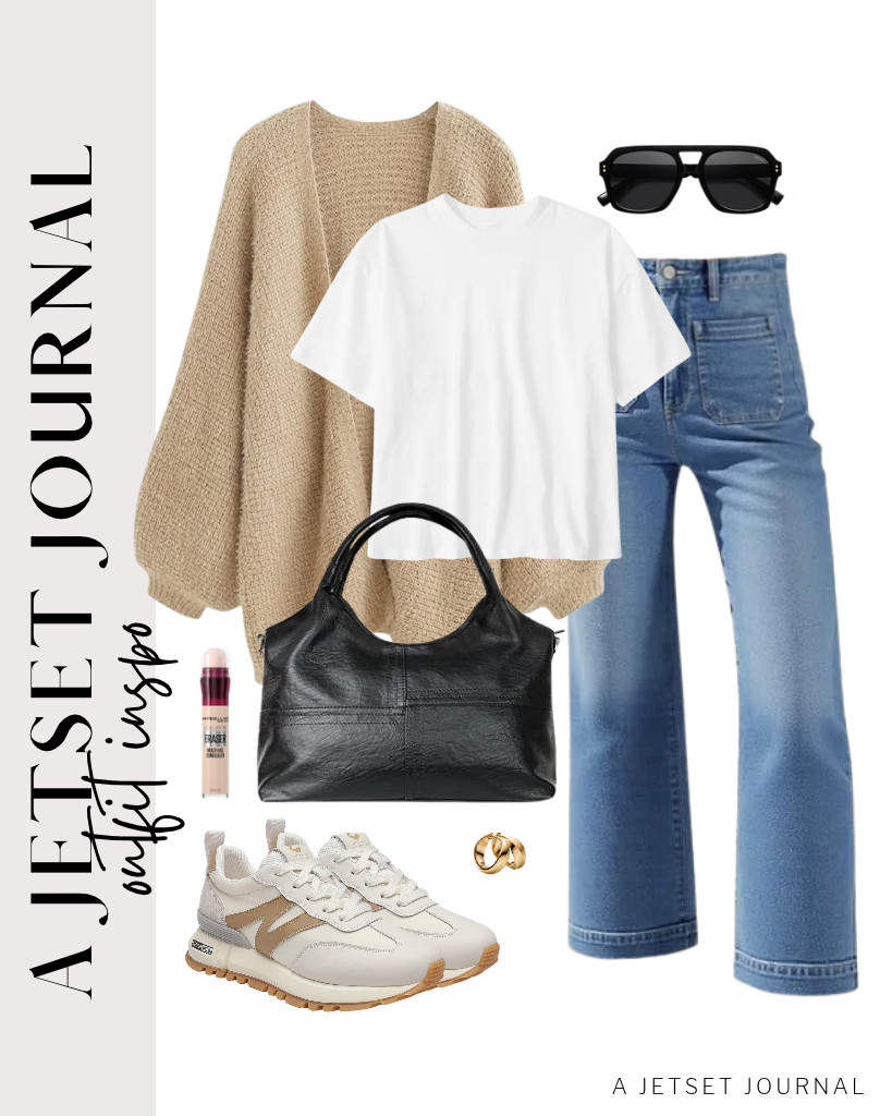 Layer this CHICWISH fuzzy waffle-knit cardigan over this white tee and wide-leg jeans for a chic look. Pair it with somiliss walking shoes and this leather purse for an awesome, easy style. Finish this look with small huggie hoop earrings and SOJOS aviator sunglasses. 

 #LTKSeasonal #LTKSaleAlert #LTKTravel