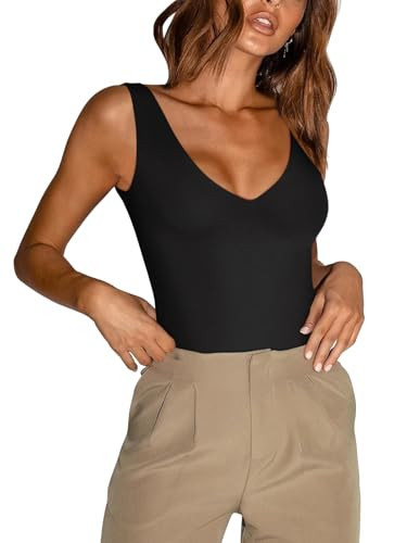 REORIA Women's Summer Sexy Plunge Deep V Neck Sleeveless Double Lined One Piece Tank Tops Thong Bodysuits Leotards for Going Out Black Plus Size 2X-Large | Amazon (US)