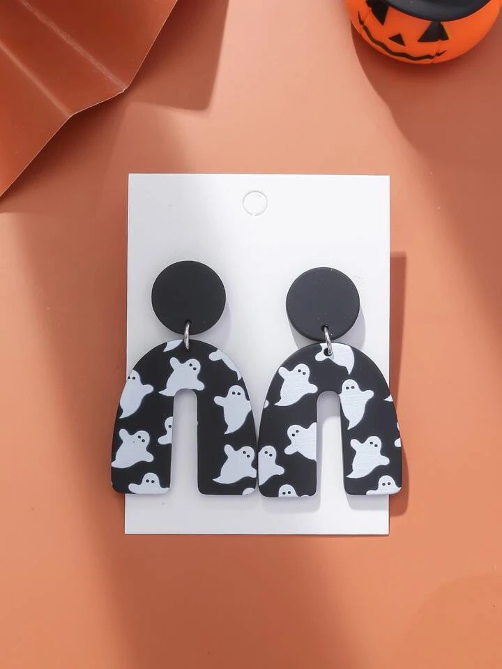 1pair Women's Halloween Ghost Printed Dangle Earrings In Acrylic With Texture Of Ceramic Clay | SHEIN