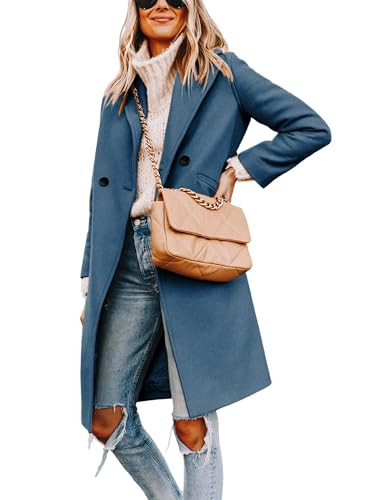 Hooever Women's Winter Wool Coat Casual Notch Lapel Single-Breasted Peacoat(blue-L01) | Amazon (US)