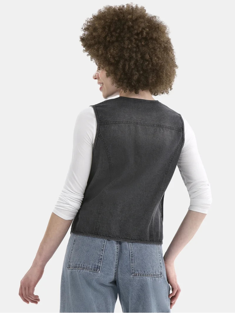 No Boundaries Women's Denim Vest, 2X-3XL, Black, Cotton | Walmart (US)