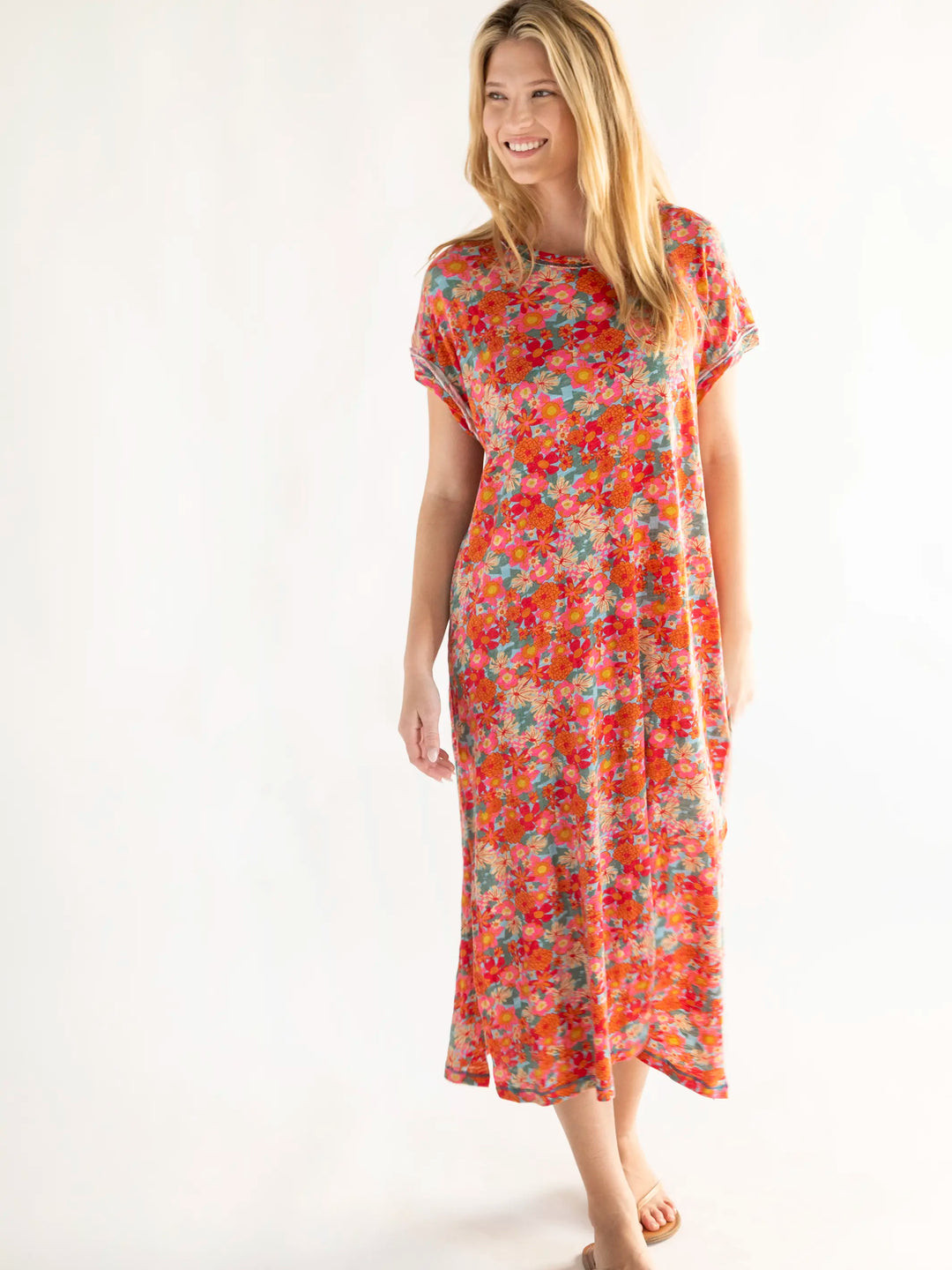 Frankie Knit Cotton Tee Midi Dress - Pink Red Floral | Natural Life