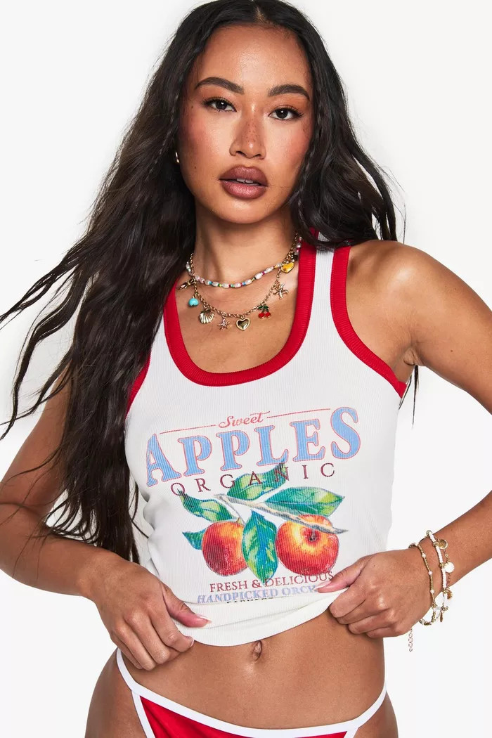 CONTRAST BINDING APPLES GRAPHIC RIB TANK VEST TOP | boohoo (US & Canada)