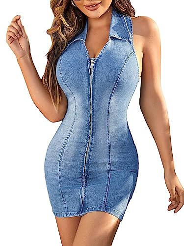 WDIRARA Women's Spaghetti Strap Zip Up Backless Sleeveless Bodycon Denim Cami Mini Dress Light Wash Blue S | Amazon (US)