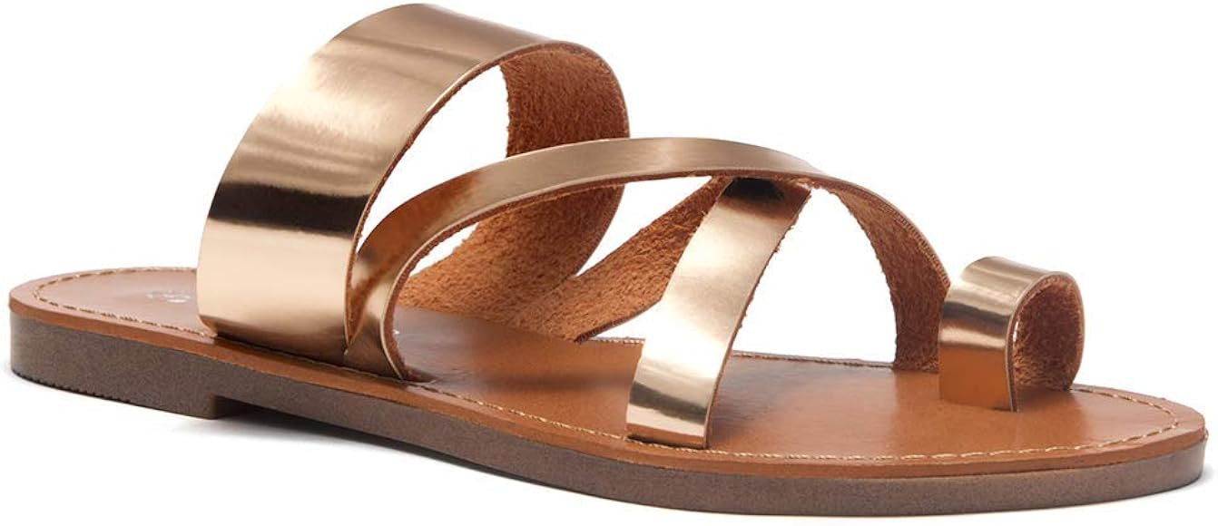 Donnoddi Women’s Slip On Flip Flops Gladiator Shoes Open Toe Loop Flat Sandals | Amazon (US)