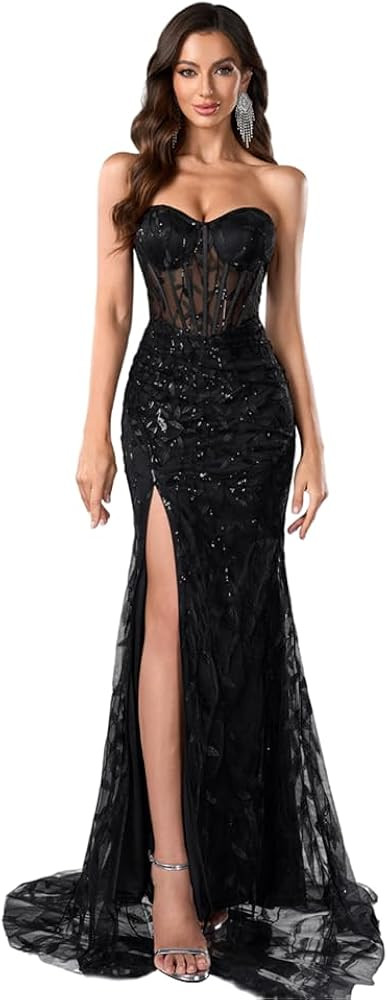 Women's Elegant Strapless Maxi Prom Dress Evening Gowns with Slit | Amazon (US)