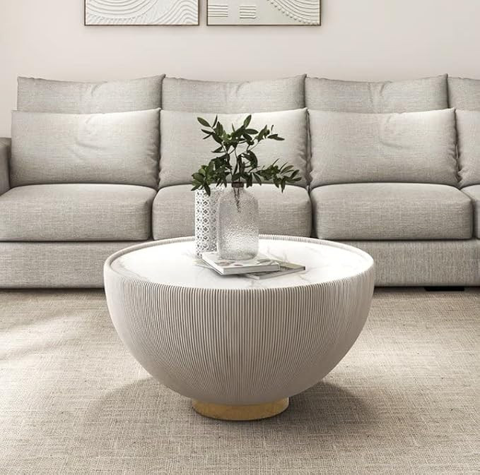 POVISON Round Coffee Table, Modern Drum Coffee Table with Sintered Stone, PU Leather and Aluminum... | Amazon (US)