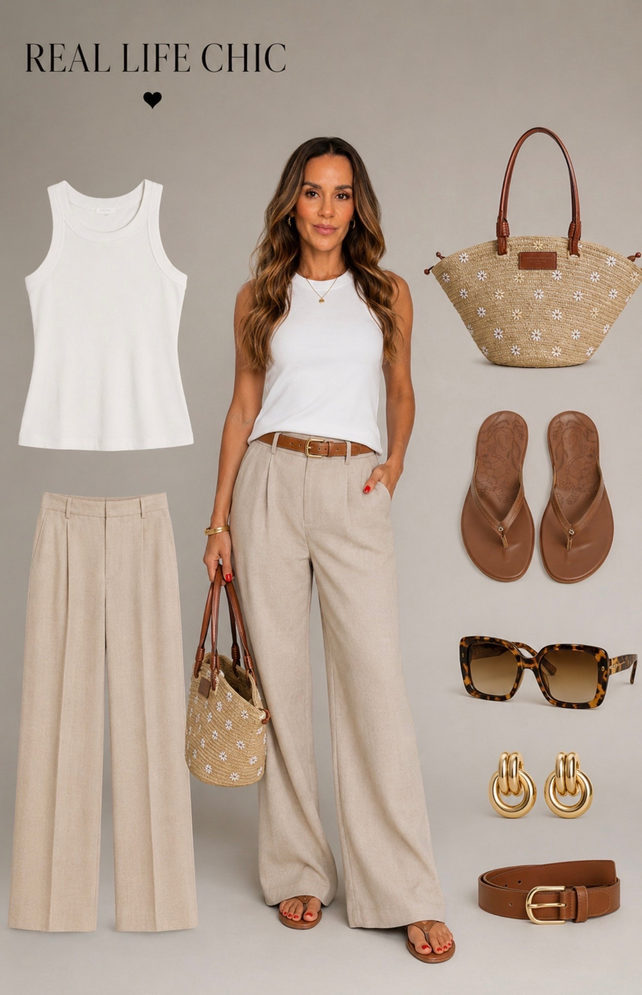The easiest outfit formula you’ll wear on repeat. 🤍✨A classic white tank, tailored trousers and warm brown accessories create an effortless look that feels polished without trying too hard. These timeless staples will take you from vacation days to everyday errands with ease.

white tank outfit, linen blend pants, beige wide leg pants, neutral summer outfit, timeless capsule wardrobe, effortless chic style, elevated basics, vacation outfit ideas, minimalist fashion, classic everyday outfit, brown accessories outfit, summer wardrobe essentials, LTK finds, wearable fashion, Real Life Chic.

#LTKootd #LTKOver40 #LTKSeasonal