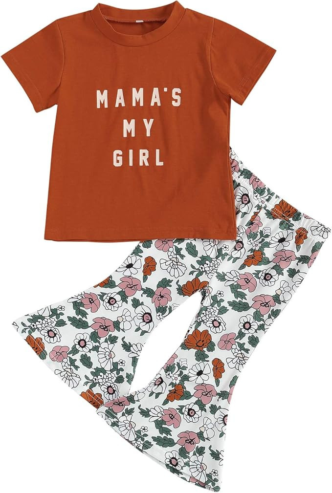 Toddler Baby Girl Outfit Floral Dew Shoulder Ruffle Top Pullover+Plaid Flare Pants Set Cotton Clo... | Amazon (US)