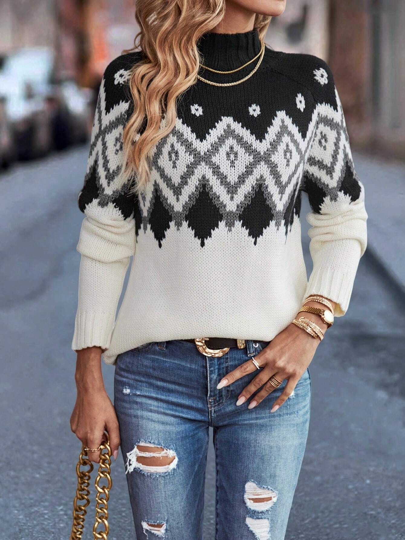SHEIN LUNE Geo Pattern Raglan Sleeve Sweater | SHEIN