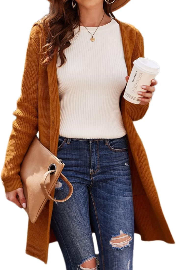 ELESOL Women's Hooded Cardigan Open Front Cardigan Long Sleeve Knit Casual Fall Winter Sweater Co... | Amazon (US)