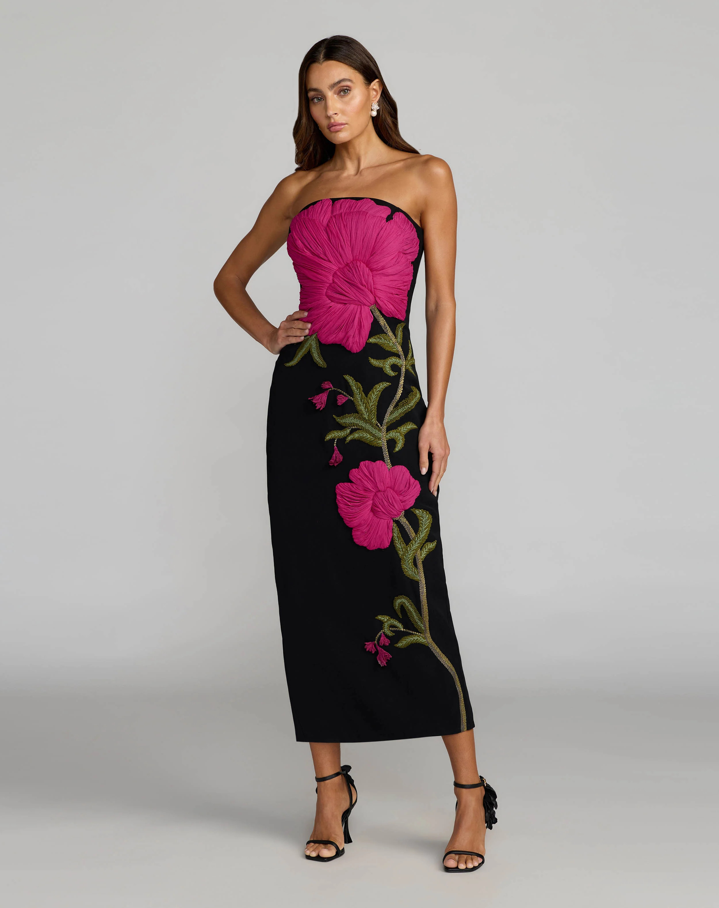 Black Strapless Floral Embroidered Midi Dress | Mac Duggal | Mac Duggal