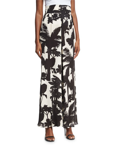 Nuqui Palm-Print Georgette Pants, Black/White | Bergdorf Goodman