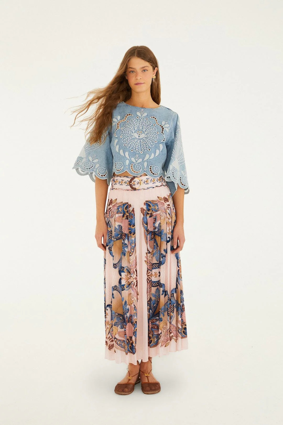 Soft Pink Sea Garden Scarf Pleated Maxi Skirt, SEA GARDEN SCARF SOFT PINK / L | FarmRio (US)