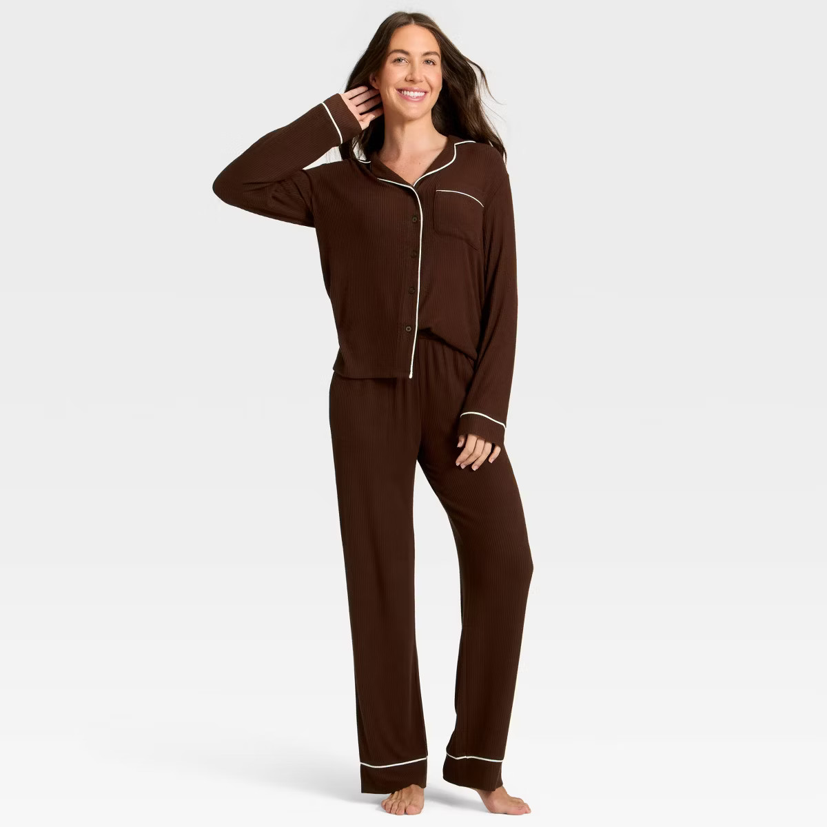 Women's Cozy Ribbed Notch Collar Long Sleeve Shirt and Pants Pajama Set - Auden™ | Target