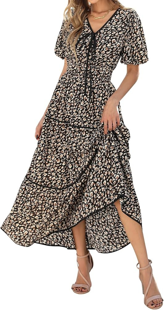 PRETTYGARDEN Women Summer Boho Maxi Dresses 2025 V Neck Puff Short Sleeve A-Line Flowy Tiered Flo... | Amazon (US)