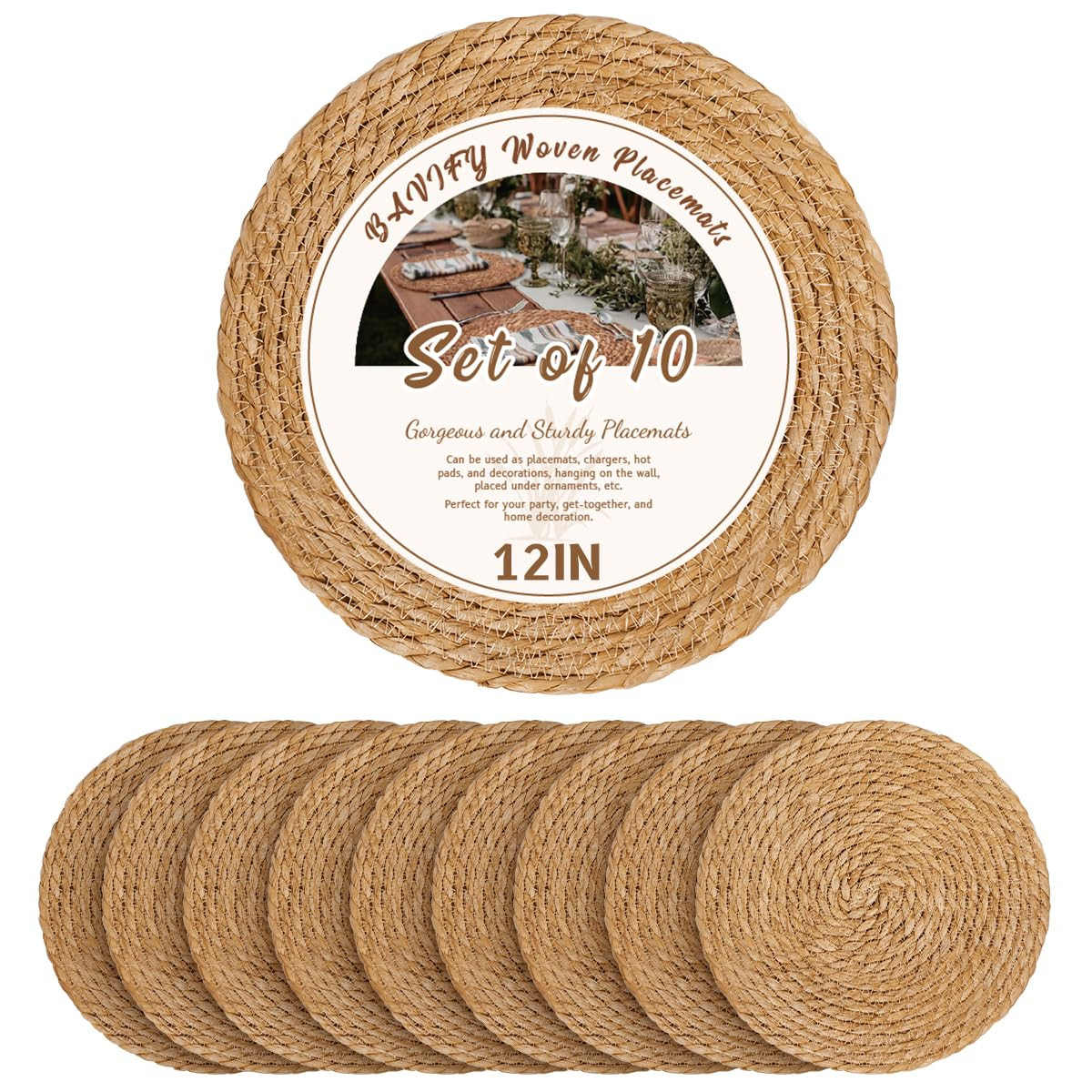 12 in Round Woven Placemats Plate Chargers Set of 10, Rattan Wicker Table Mats for Dinner Plates,... | Amazon (US)