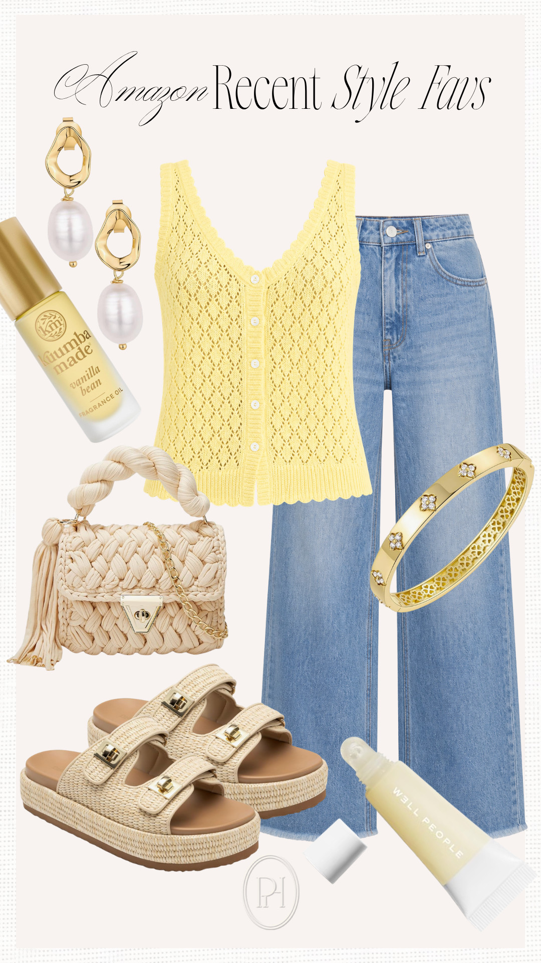 Recent style finds I'm loving for spring and summer!

spring fashion, spring style, spring looks, spring outfit, summer style, summer fashion, summer looks, summer outfit, wide leg jeans, flared jeans, wide leg denim, butter yellow top, knit tank top, pearl earrings, bangle bracelet, roll on perfume, women's fragrance, lip balm, lip gloss, beauty essentials, woven handbag, spring accessories, platform sandals 

 #LTKgrwm #LTKootd #LTKSeasonal