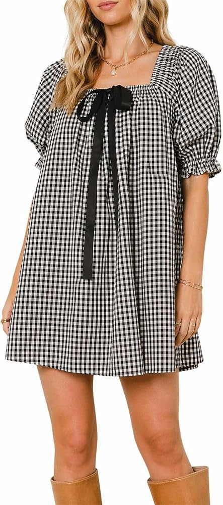 Women's Plaid Babydoll Short Dress Puff Sleeve Cute Tie Mini Dress Gingham Spring Dresses | Amazon (US)