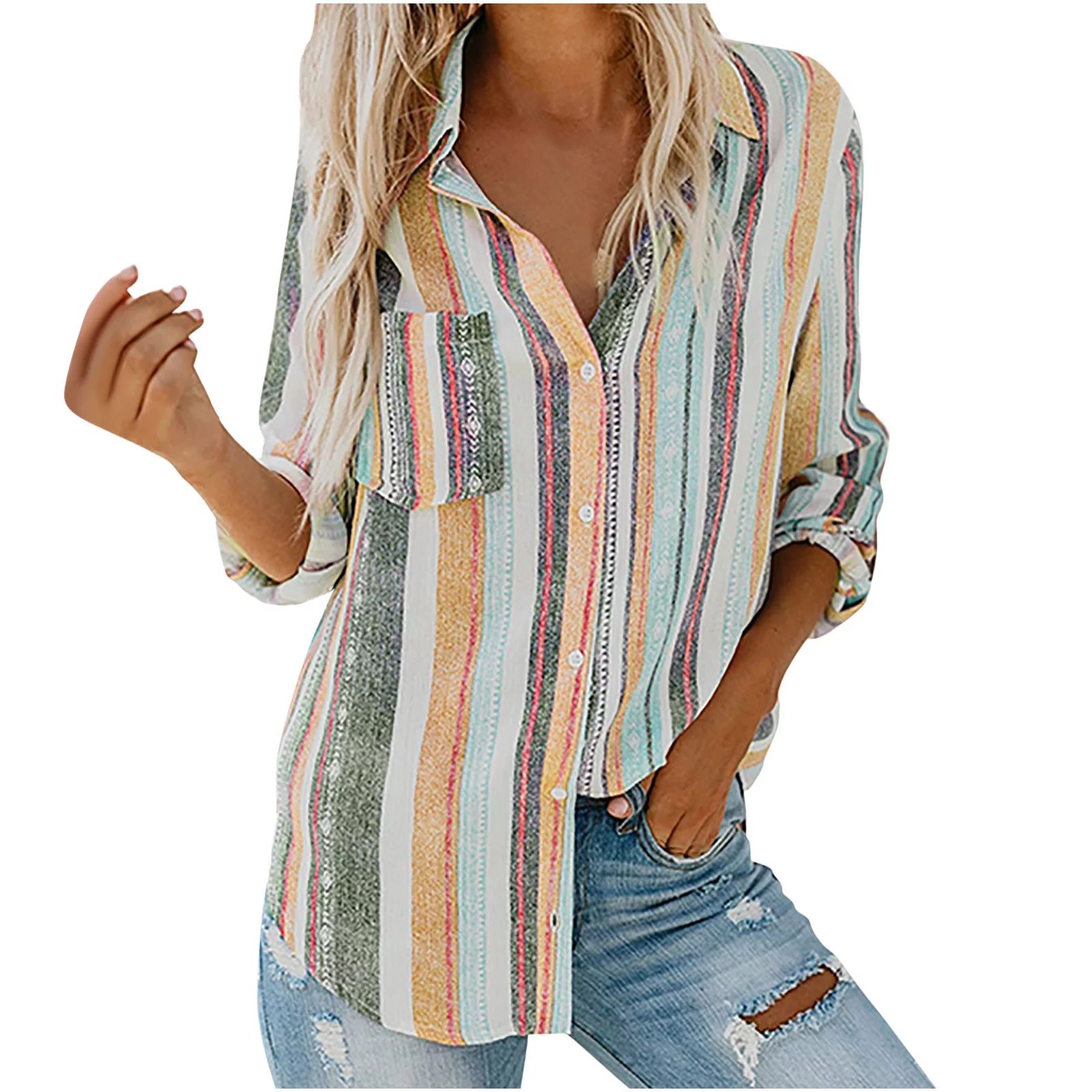 Deals LYXSSBYX V Neck Hot Sale Clearance Striped Roll Up Sleeve Button Down Womens Tops Shirts fo... | Walmart (US)