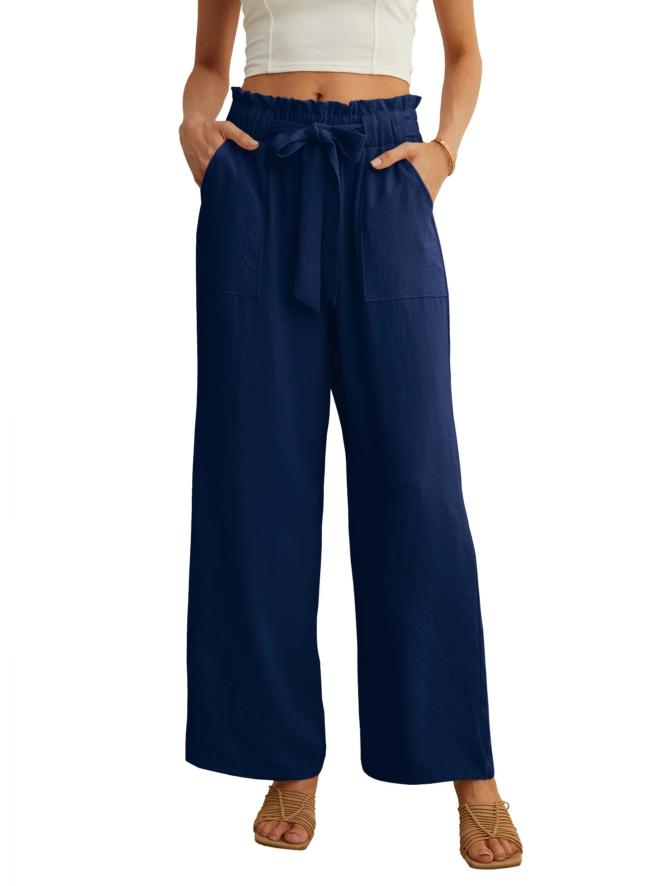 JWD Women's Wide Leg Pants With Pockets High Waist Adjustable Knot Loose Casual Trousers Business... | Walmart (US)