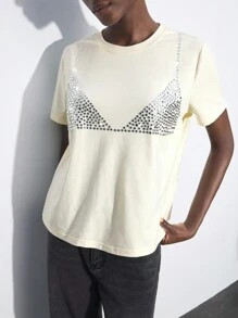 Maija Beige Women Rhinestone Design Round Neck Short Sleeve Versatile Comfortable T-Shirt, Casual Chic For Spring/Summer, Holiday, Music Festival | SHEIN