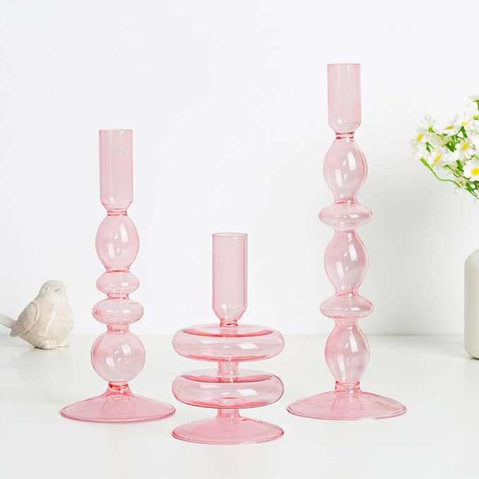 Hewory Glass Pink Candlestick Holders: Set of 3 Taper Candle Holders Vintage Candle Stick Candleh... | Amazon (US)